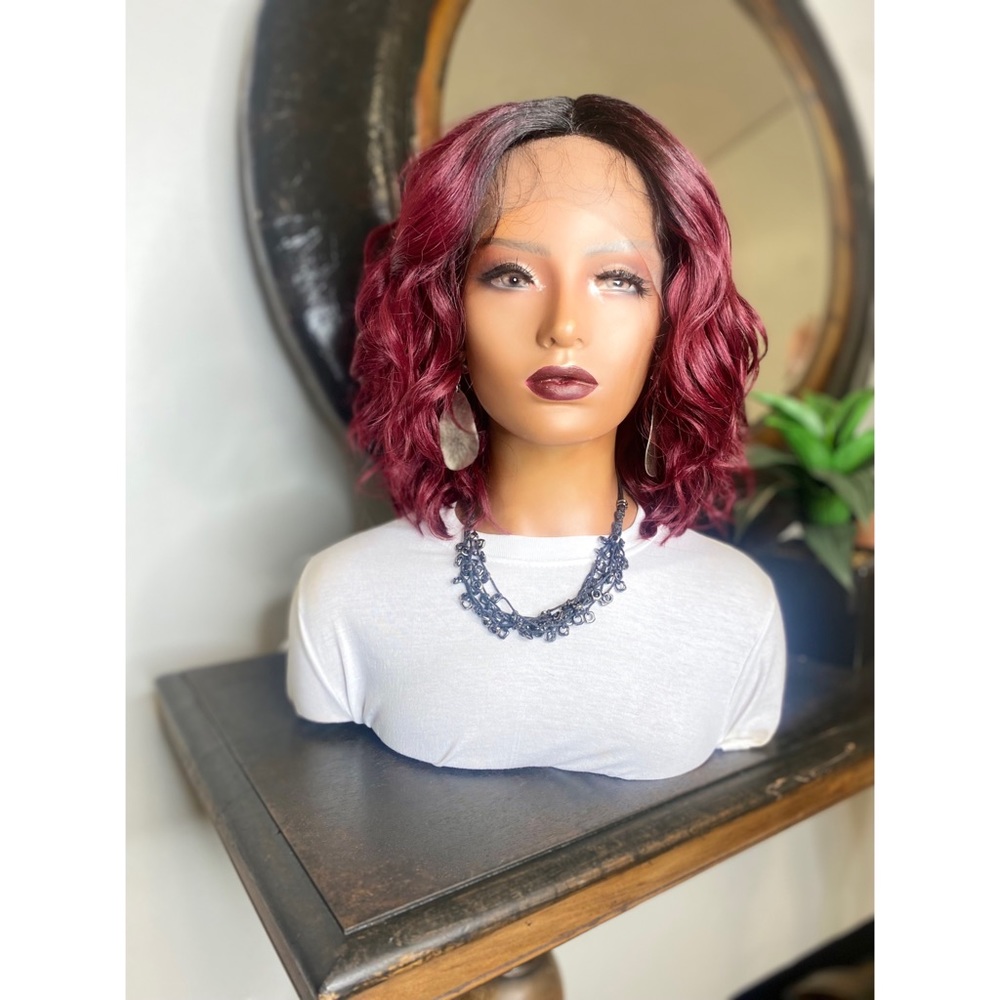 CLEARANCE KACI | SHORT RED WINE OMBRÉ  WAVY DEEP T PART LACE FRONT WIG